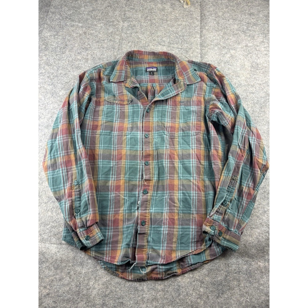 Patagonia Shirt Mens M Blue/Rust Cotton‎ Button Down VTG Distressed Gorpcore